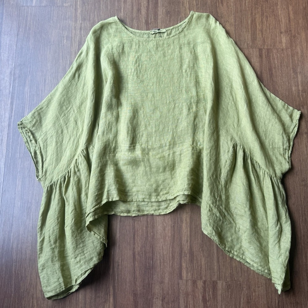 Meo Meli Linen Top Green Lagenlook Oversized Loose Asymmetrical Shirt ~ X-Large